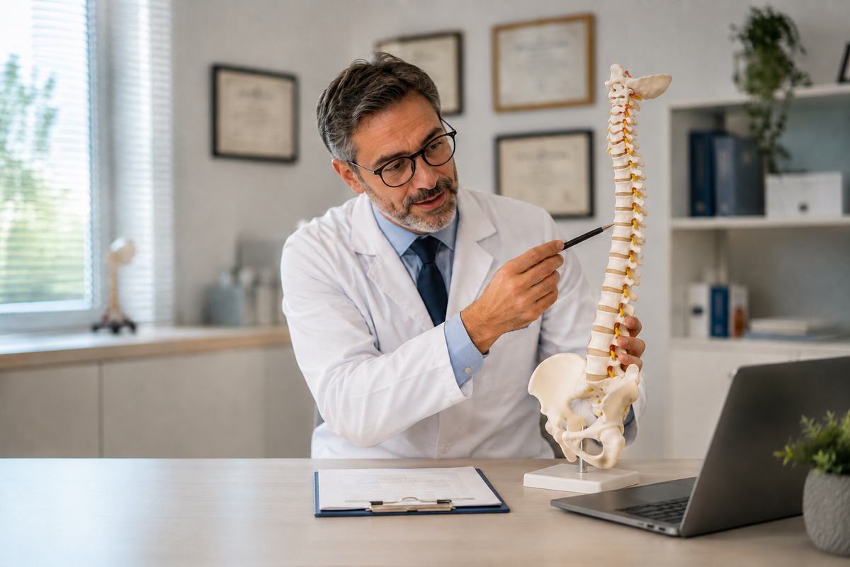 Medico che illustra la colonna vertebrale